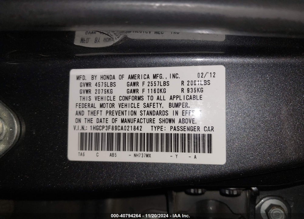 2012 HONDA ACCORD 3.5 EX-L VIN: 1HGCP3F89CA021842