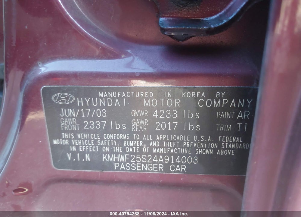 2004 HYUNDAI SONATA BASE (A4) VIN: KMHWF25S24A914003