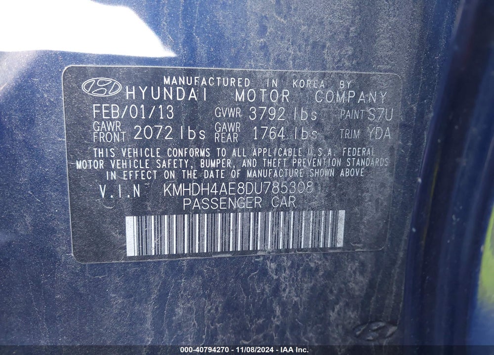 2013 HYUNDAI ELANTRA LIMITED VIN: KMHDH4AE8DU785308