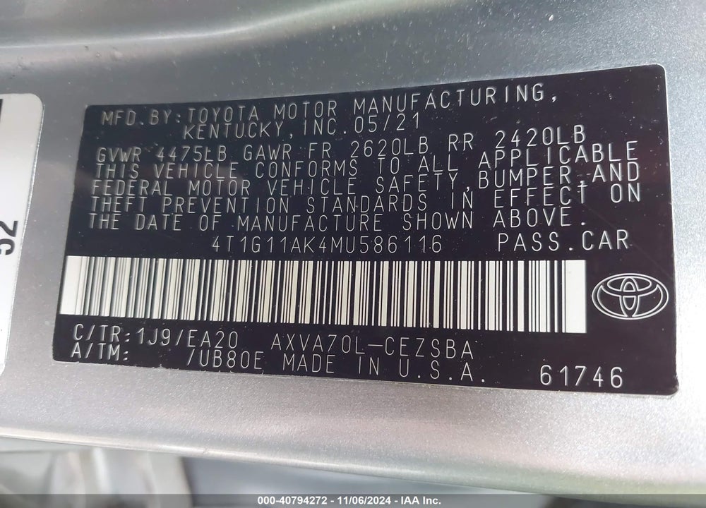 2021 TOYOTA CAMRY SE VIN: 4T1G11AK4MU586116
