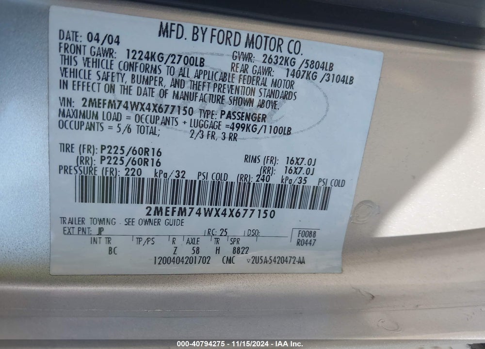2004 MERCURY GRAND MARQUIS GS/GS CONVENIENCE VIN: 2MEFM74WX4X677150