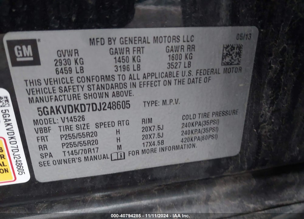 2013 BUICK ENCLAVE PREMIUM VIN: 5GAKVDKD7DJ248605