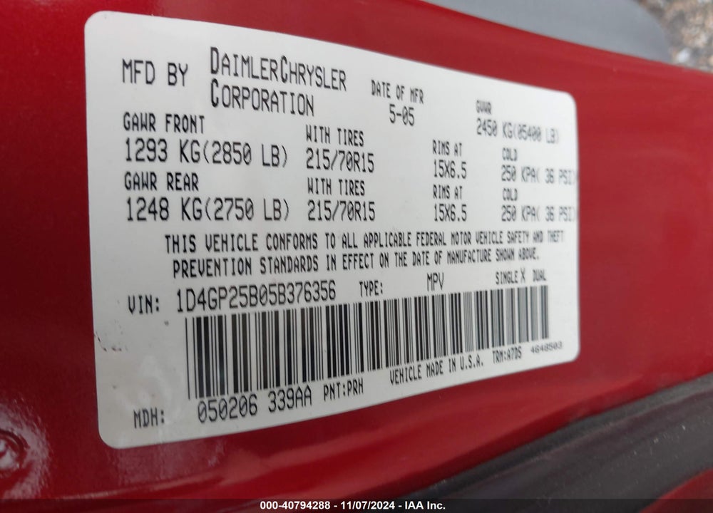 2005 DODGE CARAVAN SE VIN: 1D4GP25B05B376356