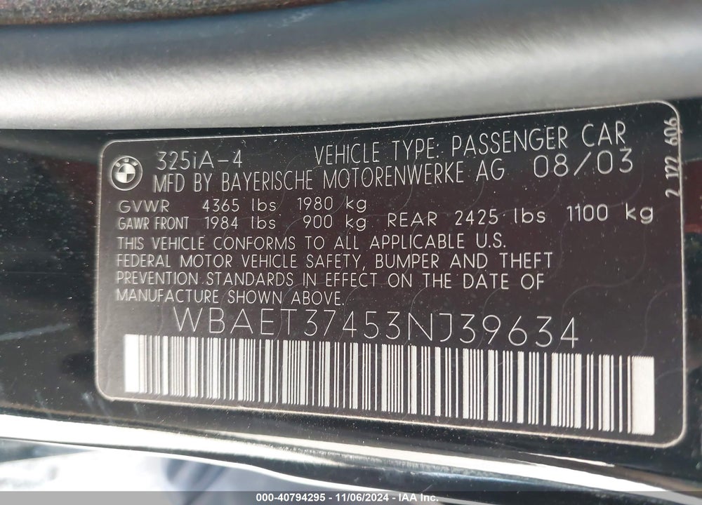 2003 BMW 325I VIN: WBAET37453NJ39634