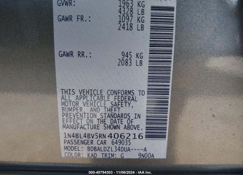 2024 NISSAN ALTIMA S FWD VIN: 1N4BL4BV5RN406216