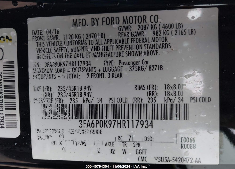 2017 FORD FUSION VIN: 3FA6P0K97HR117934