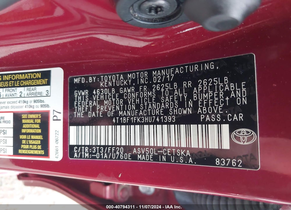 2017 TOYOTA CAMRY SE VIN: 4T1BF1FK3HU741393