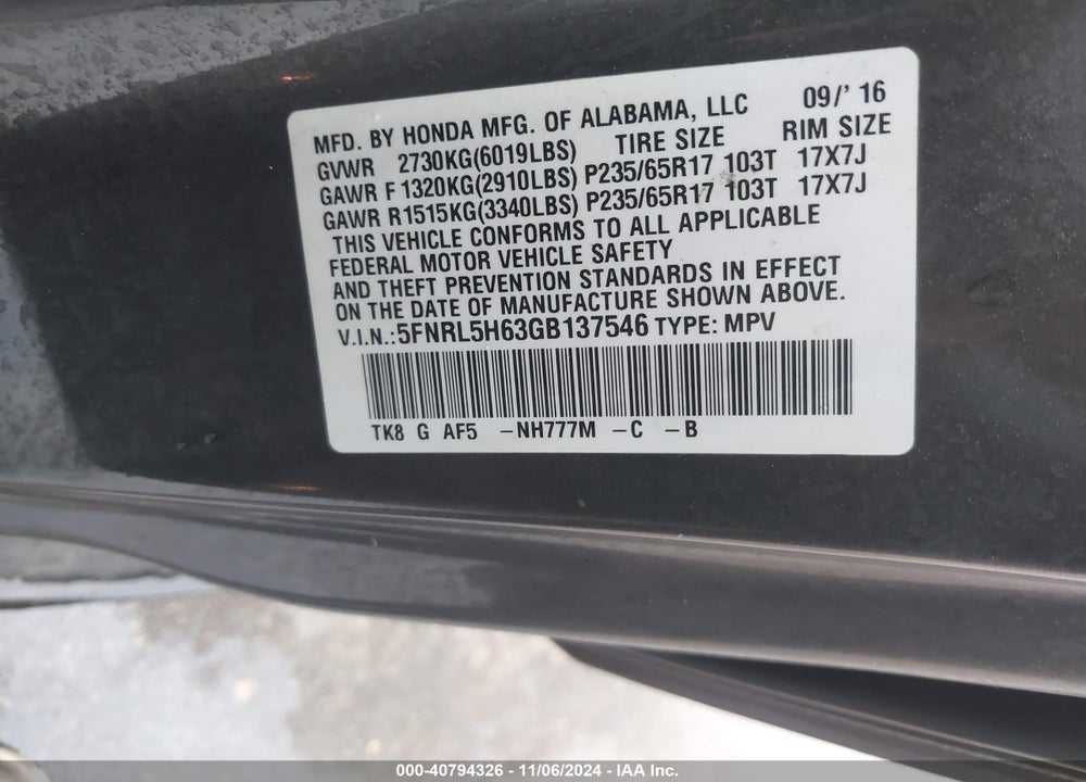 2016 HONDA ODYSSEY VIN: 5FNRL5H63GB137546