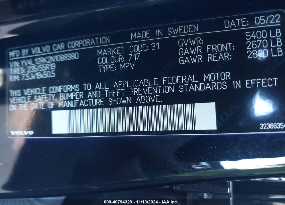 2022 VOLVO XC60 B5 MOMENTUM VIN: YV4L12RK2N1088980