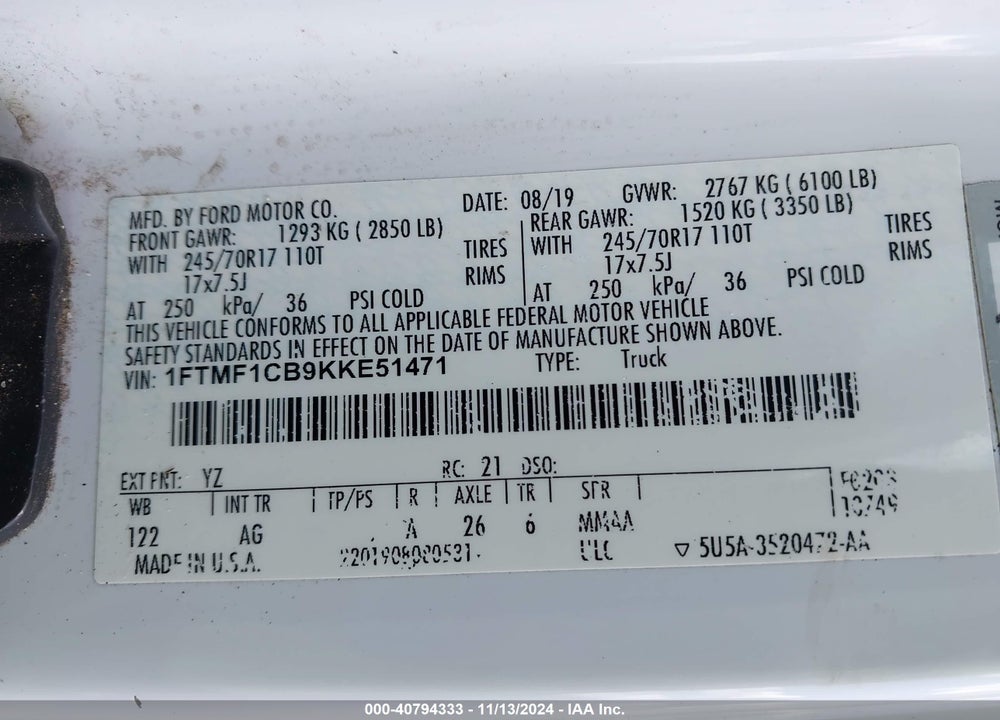 2019 FORD F-150 XL VIN: 1FTMF1CB9KKE51471