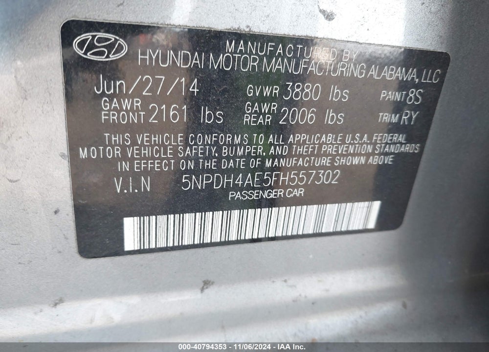 2015 HYUNDAI ELANTRA LIMITED VIN: 5NPDH4AE5FH557302