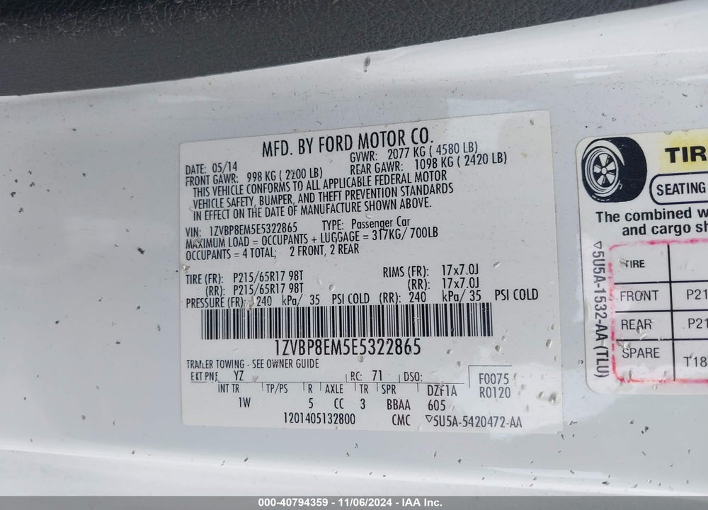2014 FORD MUSTANG V6 VIN: 1ZVBP8EM5E5322865