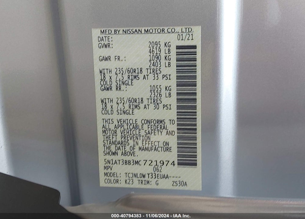 2021 NISSAN ROGUE VIN: 5N1AT3BB3MC721974