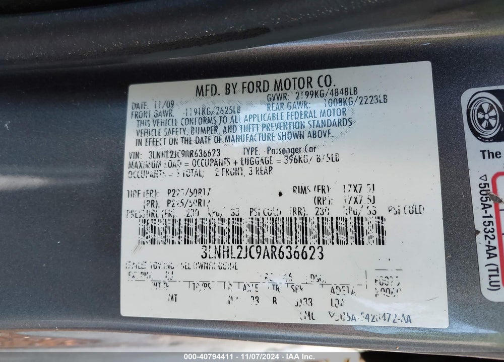 2010 LINCOLN MKZ VIN: 3LNHL2JC9AR636623