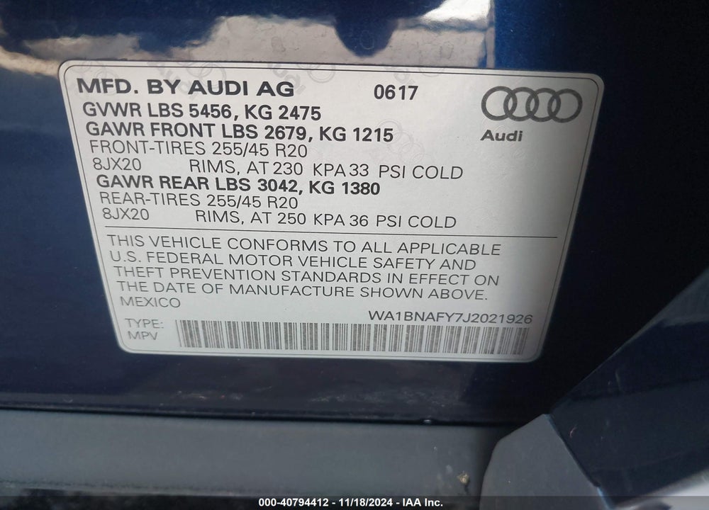 2018 AUDI Q5 VIN: WA1BNAFY7J2021926