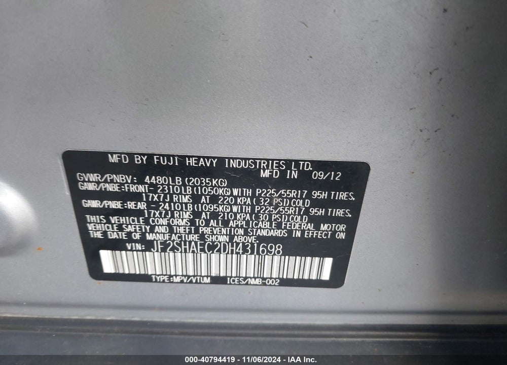 2013 SUBARU FORESTER 2.5X LIMITED VIN: JF2SHAEC2DH431698