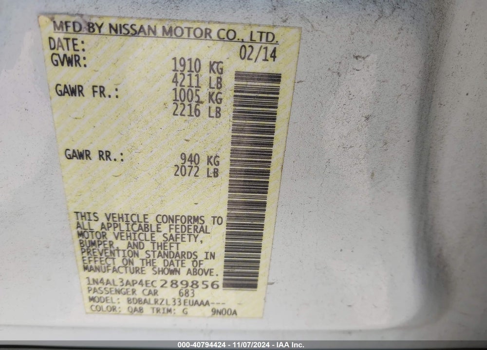 2014 NISSAN ALTIMA 2.5/2.5 S/2.5 SL/2.5 SV VIN: 1N4AL3AP4EC289856
