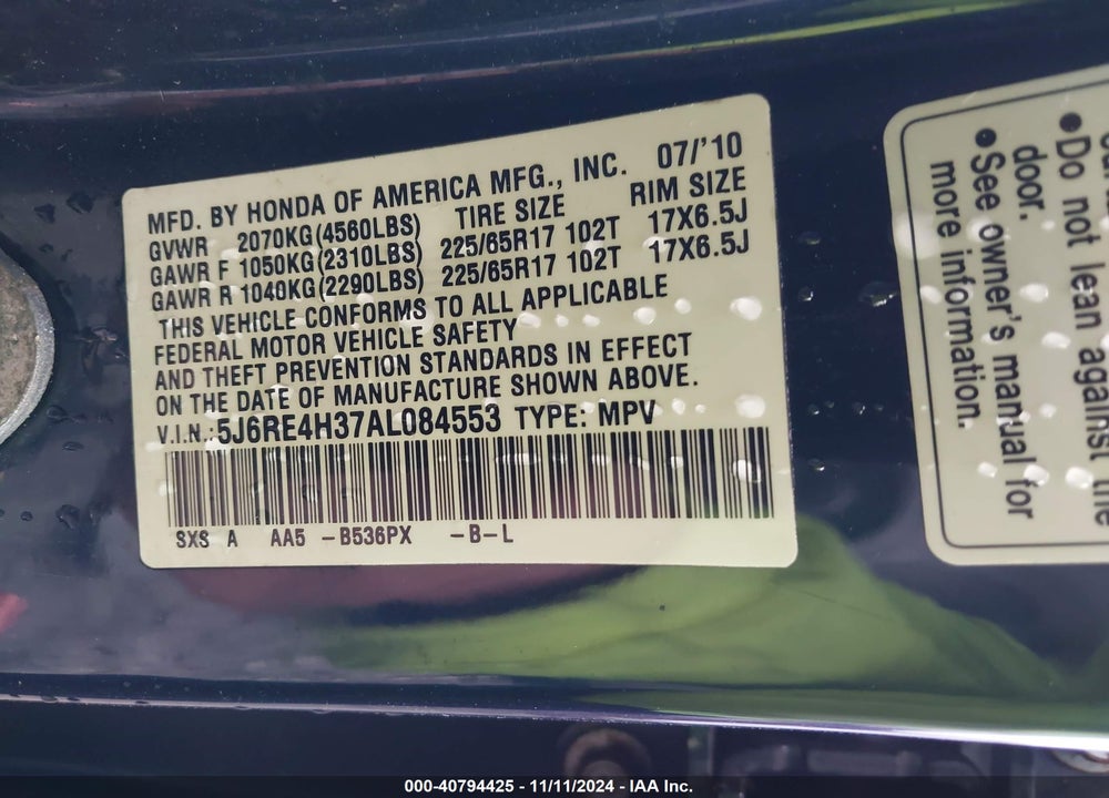 2010 HONDA CR-V LX VIN: 5J6RE4H37AL084553