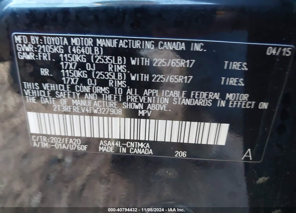 2015 TOYOTA RAV4 XLE VIN: 2T3RFREV4FW327908