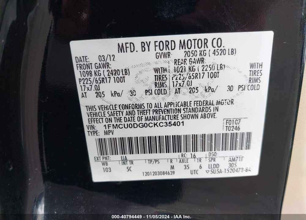 2012 FORD ESCAPE XLT VIN: 1FMCU0DG0CKC35401