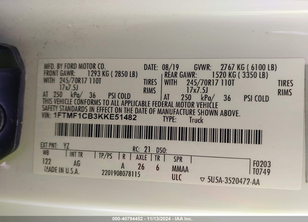 2019 FORD F-150 XL VIN: 1FTMF1CB3KKE51482