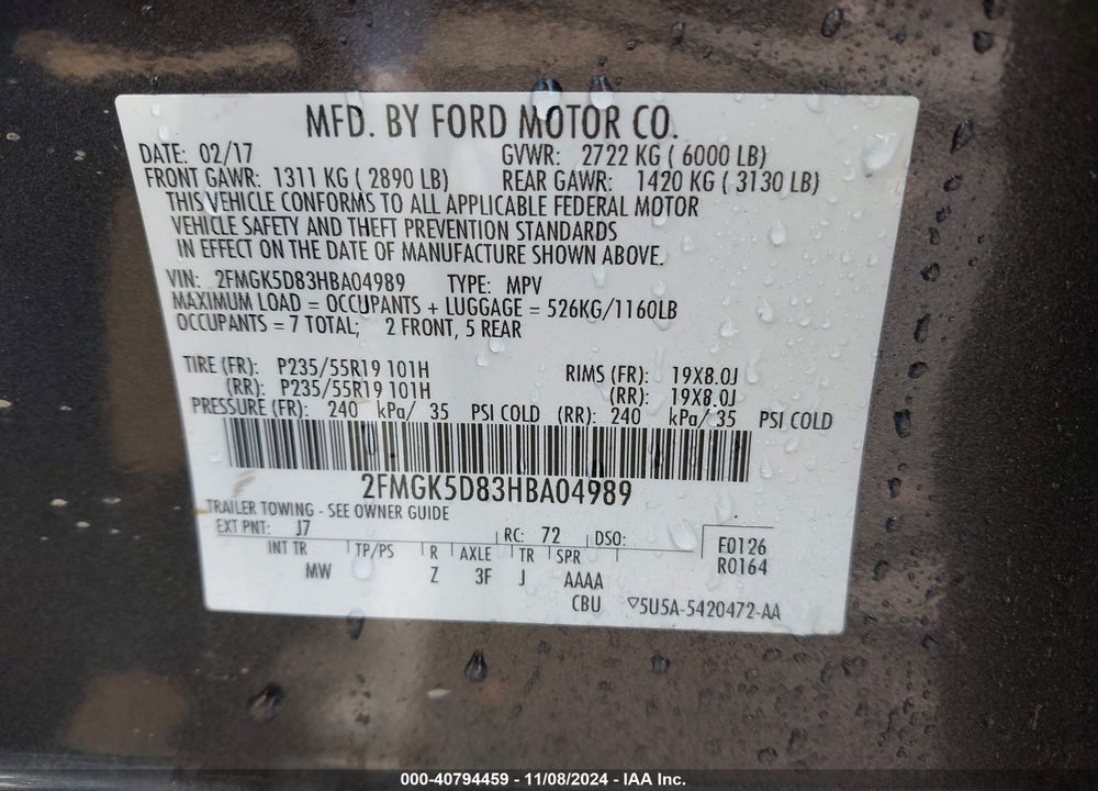 2017 FORD FLEX LIMITED VIN: 2FMGK5D83HBA04989