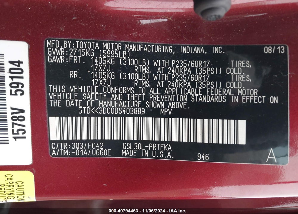 2013 TOYOTA SIENNA LE V6 8 PASSENGER VIN: 5TDKK3DC0DS403889