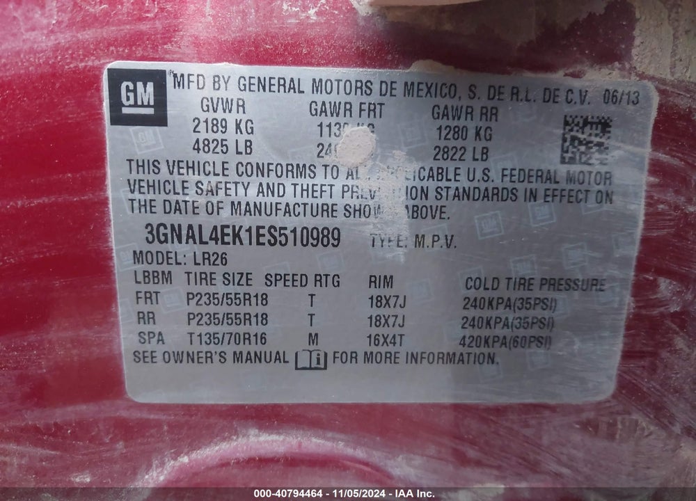 2014 CHEVROLET CAPTIVA SPORT LTZ VIN: 3GNAL4EK1ES510989