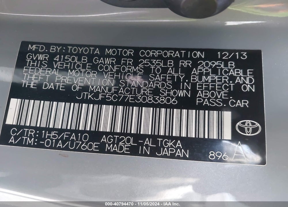 2014 SCION TC VIN: JTKJF5C77E3083806