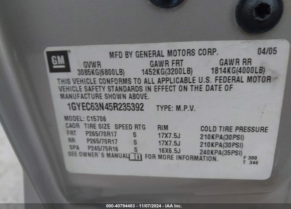 2005 CADILLAC ESCALADE STANDARD VIN: 1GYEC63N45R235392