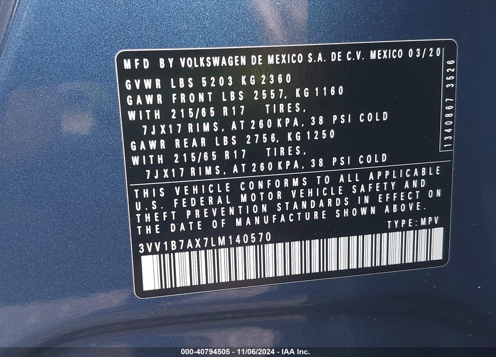 2020 VOLKSWAGEN TIGUAN 2.0T S VIN: 3VV1B7AX7LM140570
