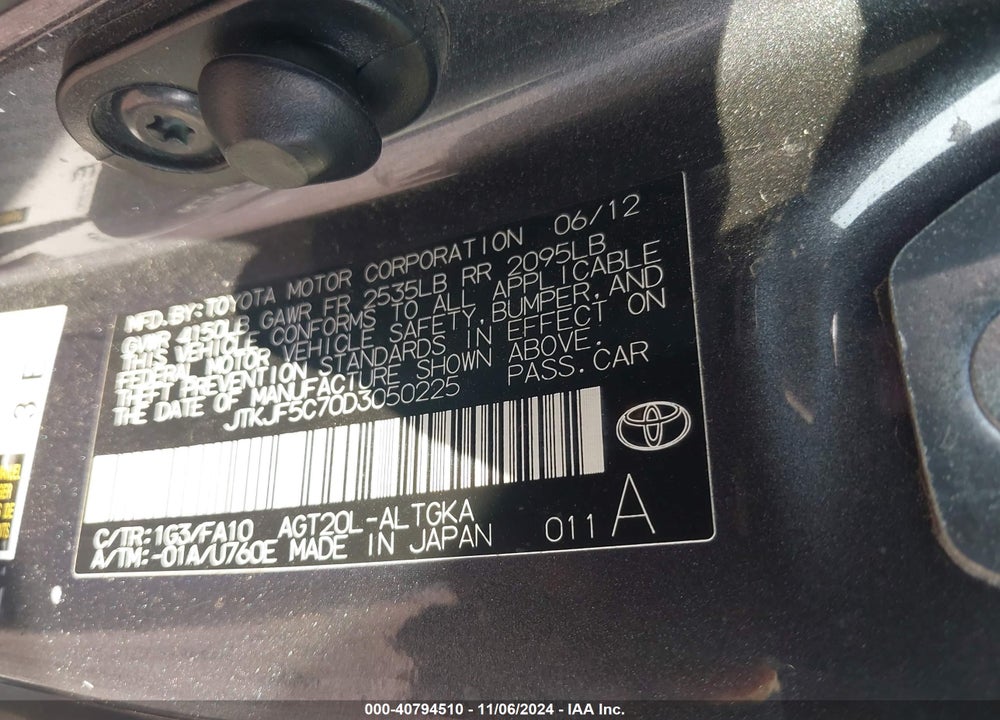 2013 TOYOTA SCION TC VIN: JTKJF5C70D3050225