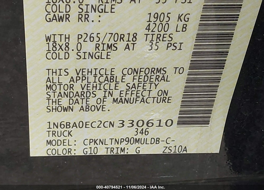 2012 NISSAN TITAN SV VIN: 1N6BA0EC2CN330610