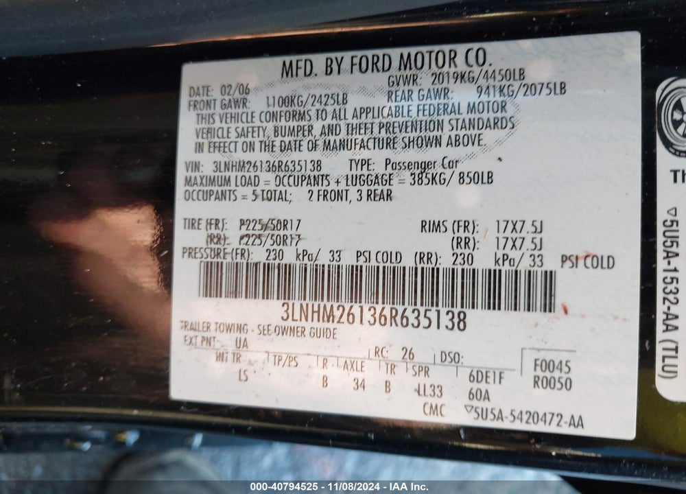 2006 LINCOLN ZEPHYR VIN: 3LNHM26136R635138