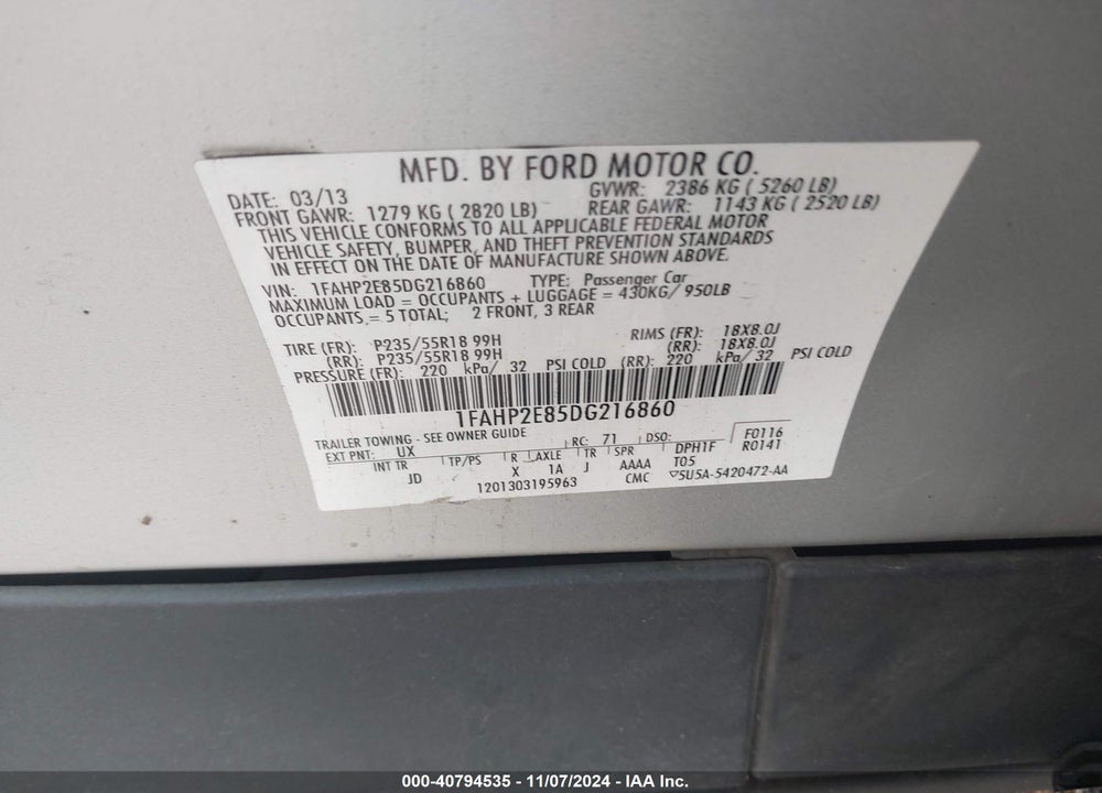 2013 FORD TAURUS SEL VIN: 1FAHP2E85DG216860