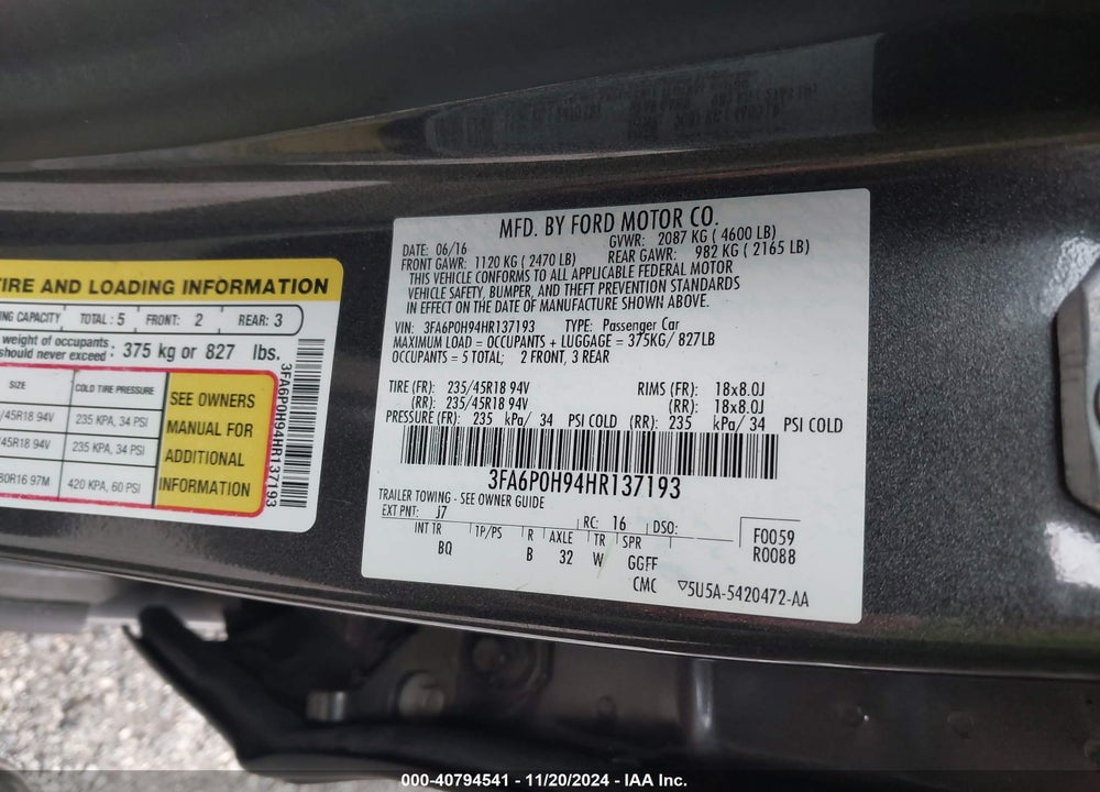2017 FORD FUSION VIN: 3FA6P0H94HR137193