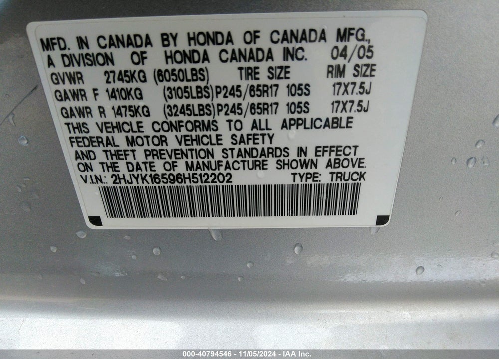 2006 HONDA RIDGELINE RTL VIN: 2HJYK16596H512202