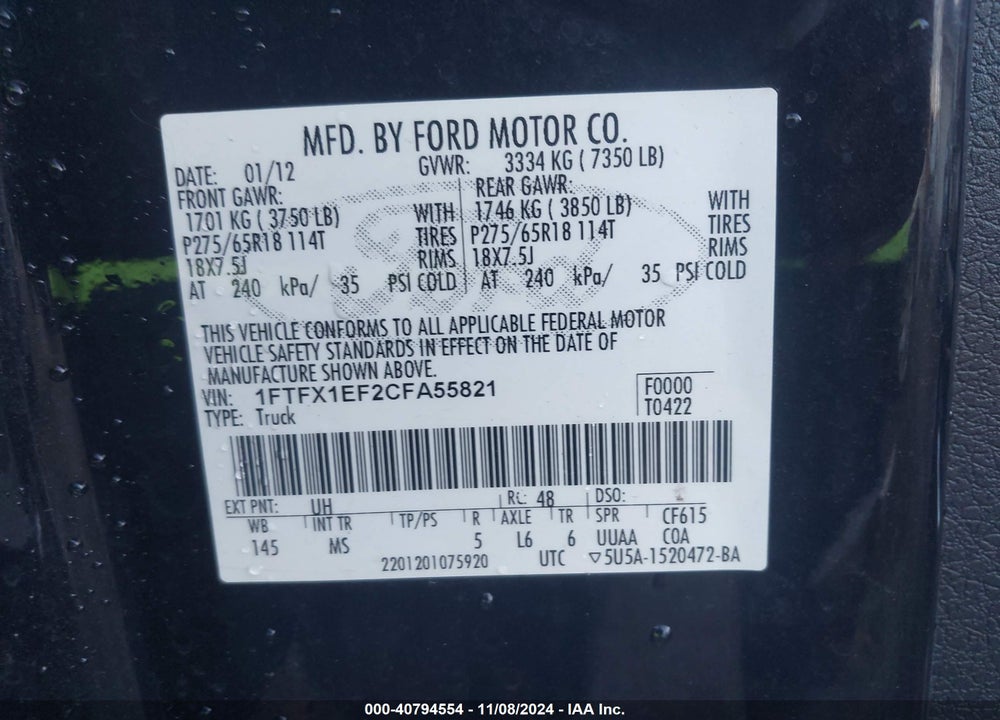 2012 FORD F-150 XLT VIN: 1FTFX1EF2CFA55821