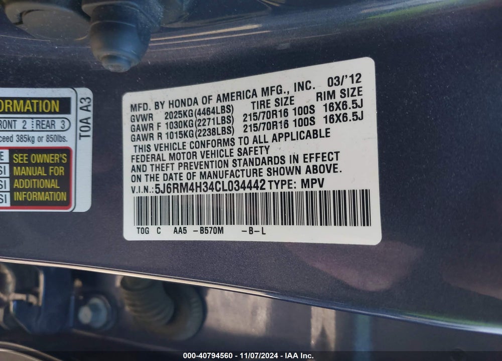 2012 HONDA CR-V VIN: 5J6RM4H34CL034442