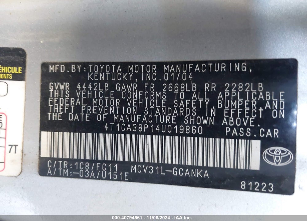 2004 TOYOTA CAMRY SOLARA SE SPORT V6 VIN: 4T1CA38P14U019860