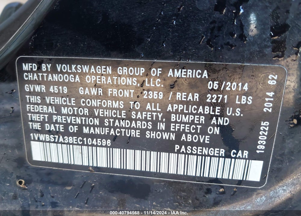 2014 VOLKSWAGEN PASSAT 1.8T SE VIN: 1VWBS7A38EC104596