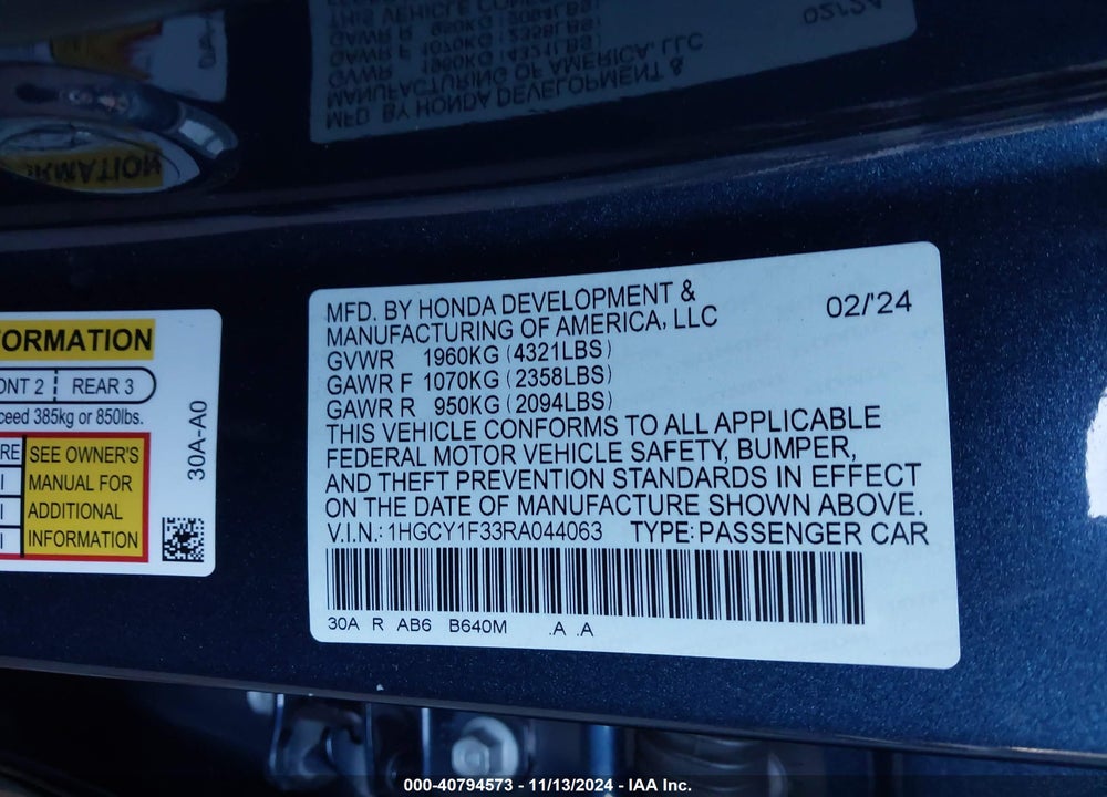2024 HONDA ACCORD EX VIN: 1HGCY1F33RA044063