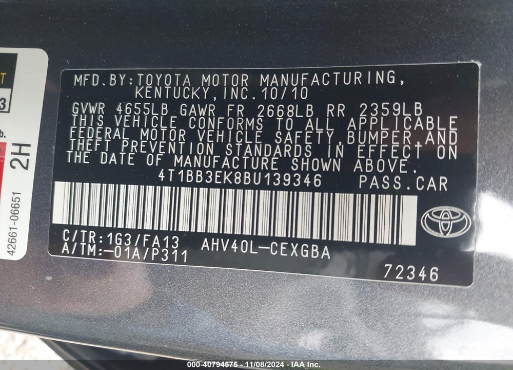 2011 TOYOTA CAMRY HYBRID VIN: 4T1BB3EK8BU139346