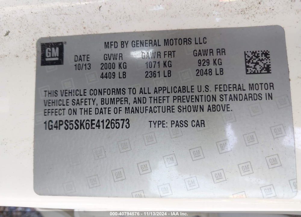 2014 BUICK VERANO LEATHER GROUP VIN: 1G4PS5SK6E4126573