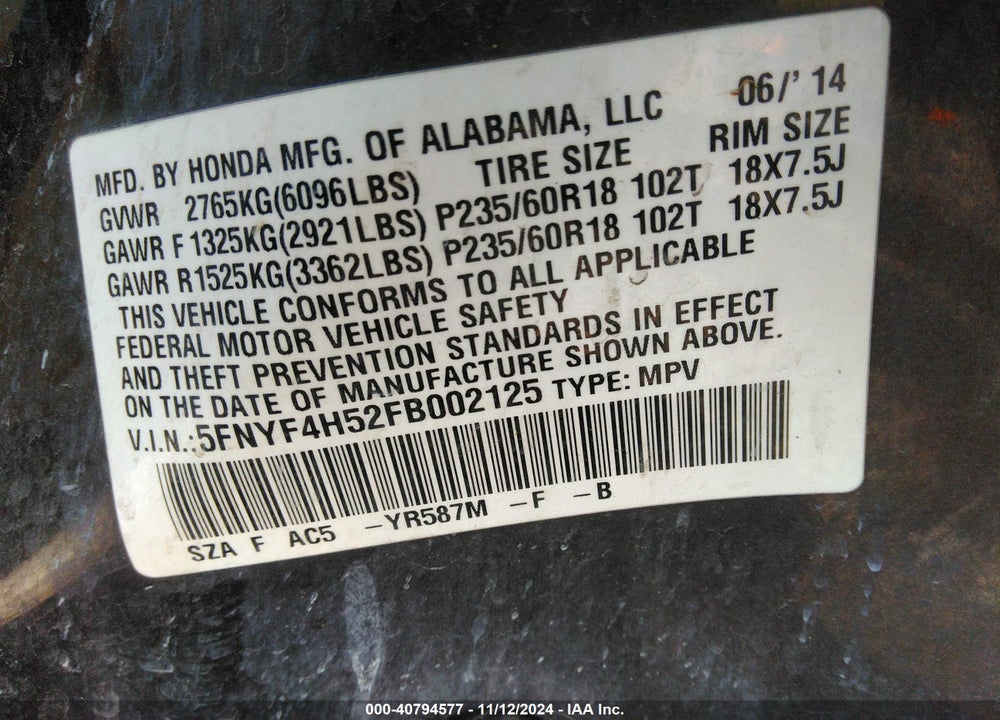 2015 HONDA PILOT EX-L VIN: 5FNYF4H52FB002125