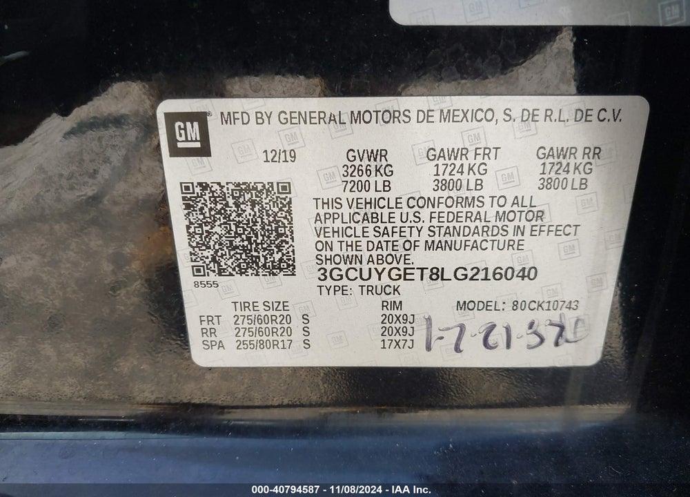 2020 CHEVROLET SILVERADO 1500 4WD STANDARD BED LTZ VIN: 3GCUYGET8LG216040
