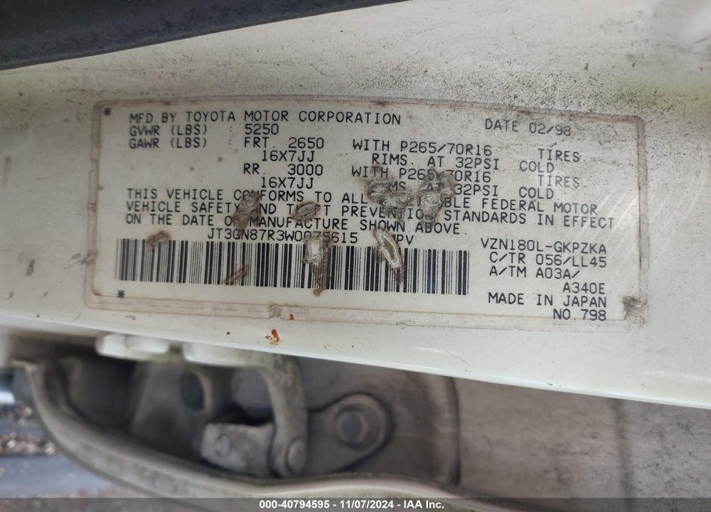 1998 TOYOTA 4RUNNER SR5 V6 LIMITED VIN: JT3GN87R3W0075615