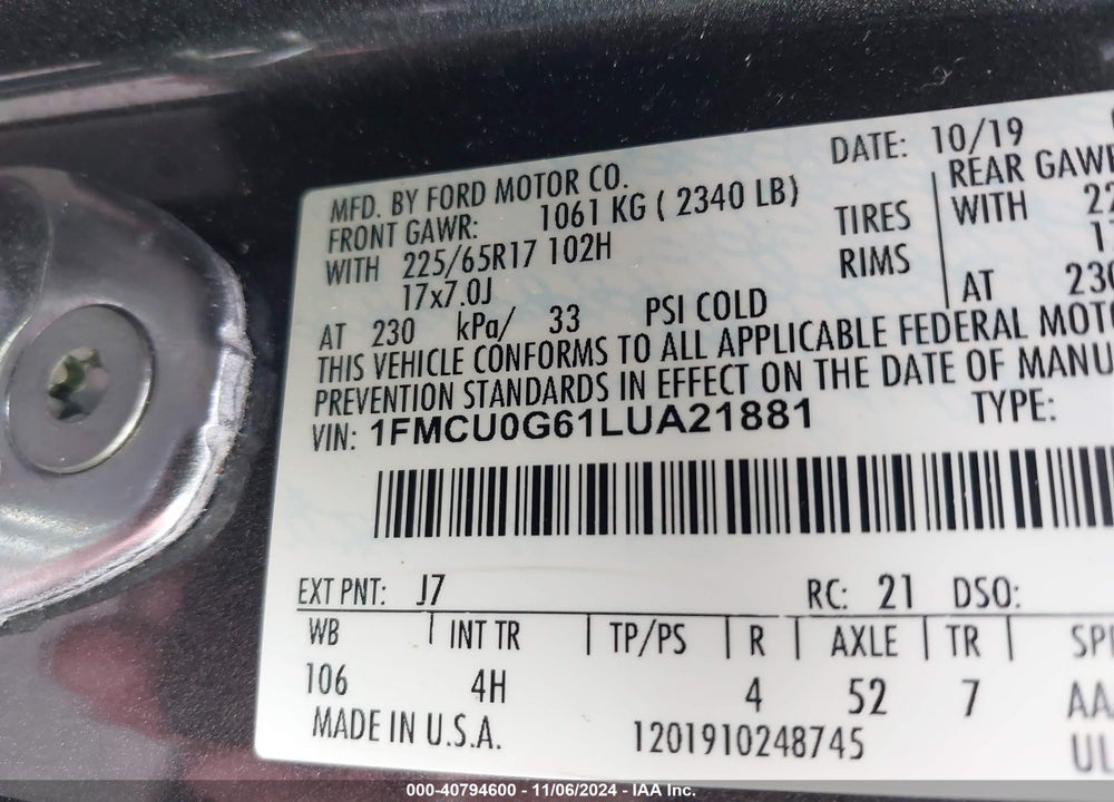2020 FORD ESCAPE SE VIN: 1FMCU0G61LUA21881