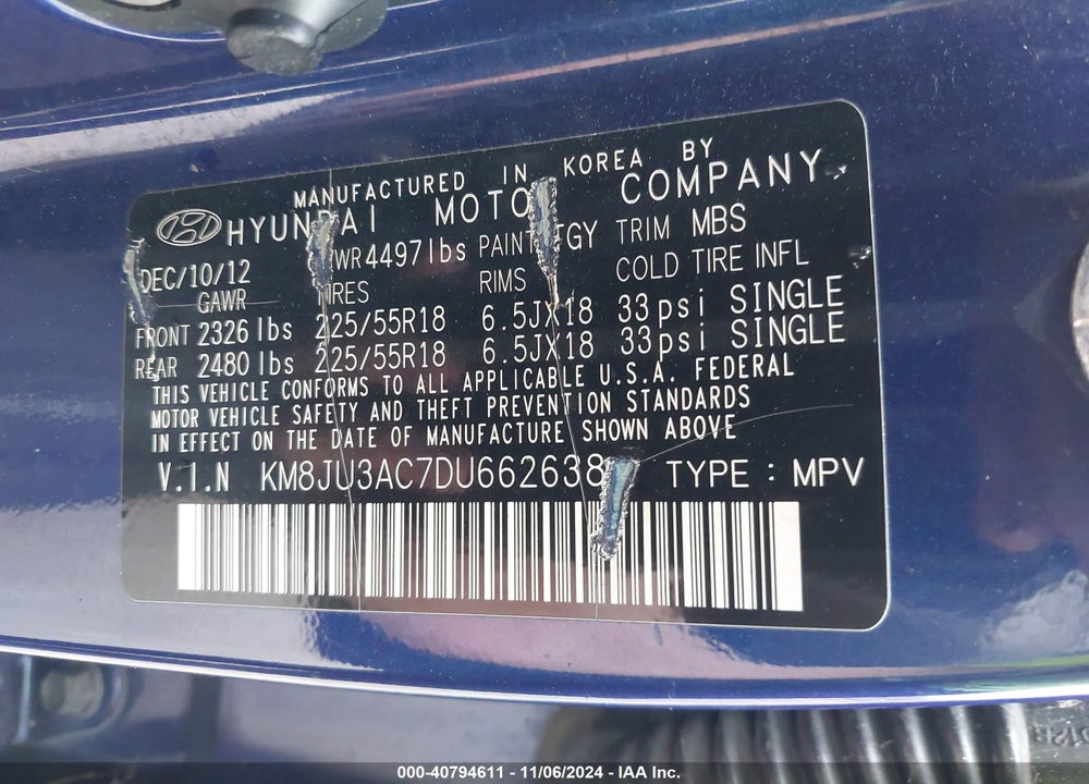 2013 HYUNDAI TUCSON LIMITED VIN: KM8JU3AC7DU662638