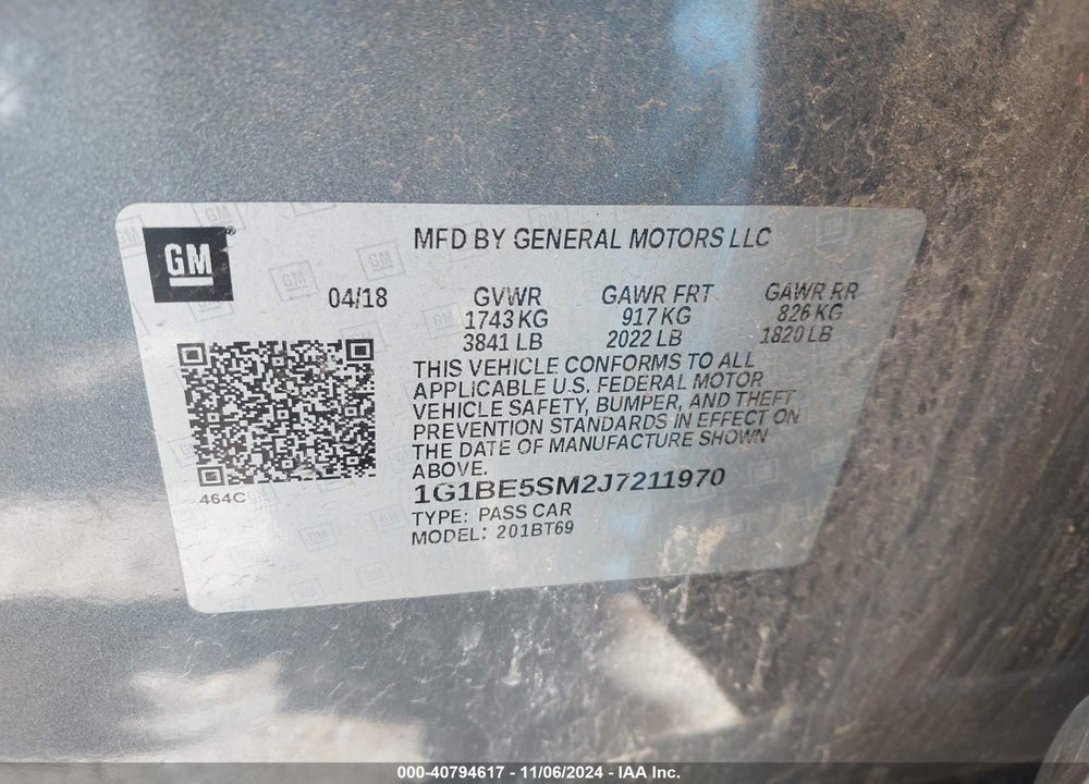 2018 CHEVROLET CRUZE LT AUTO VIN: 1G1BE5SM2J7211970